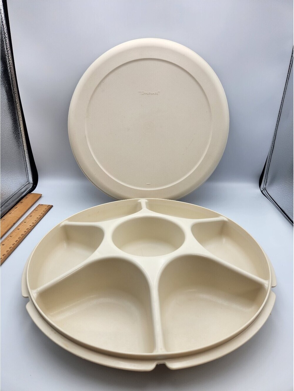 Vintage Tupperware Cream Divided Serving Tray Platter with Lid 1665-1 - R7